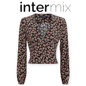 INTERMIX 100% Silk Black Floral V-Neck Blouse Petite Small Long Sleeve Bow Back